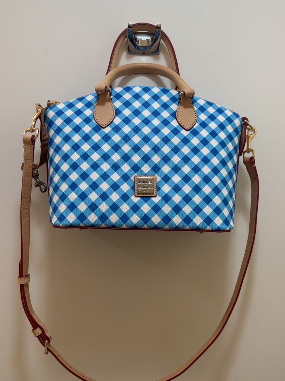 NWT Dooney & Bourke Blue Gingham Satchel with Tan Trim and Red-Edged Strap - Picture 1 of 10